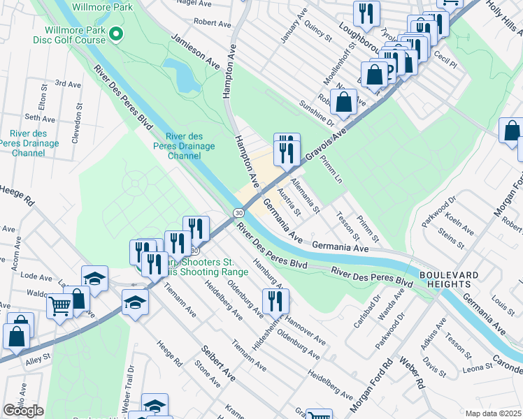 map of restaurants, bars, coffee shops, grocery stores, and more near 4854 Germania Street in St. Louis