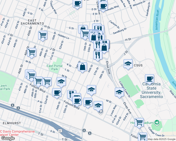 map of restaurants, bars, coffee shops, grocery stores, and more near 1058 56th Street in Sacramento