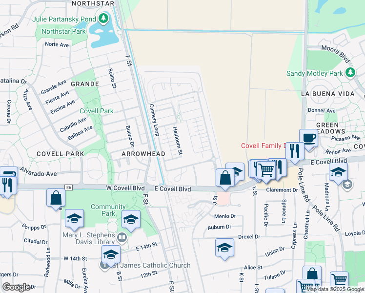 map of restaurants, bars, coffee shops, grocery stores, and more near 1680 Heirloom Street in Davis