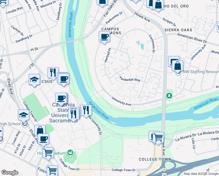 map of restaurants, bars, coffee shops, grocery stores, and more near 310 Elmhurst Circle in Sacramento
