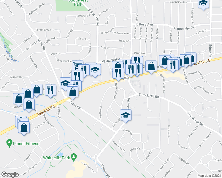 map of restaurants, bars, coffee shops, grocery stores, and more near 56 Heather Drive in St. Louis