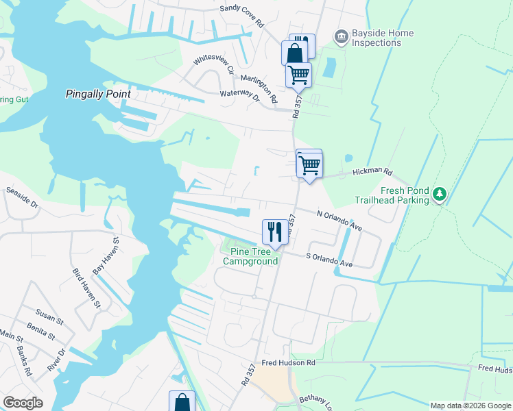 map of restaurants, bars, coffee shops, grocery stores, and more near 38175 Piney Point Road in Ocean View