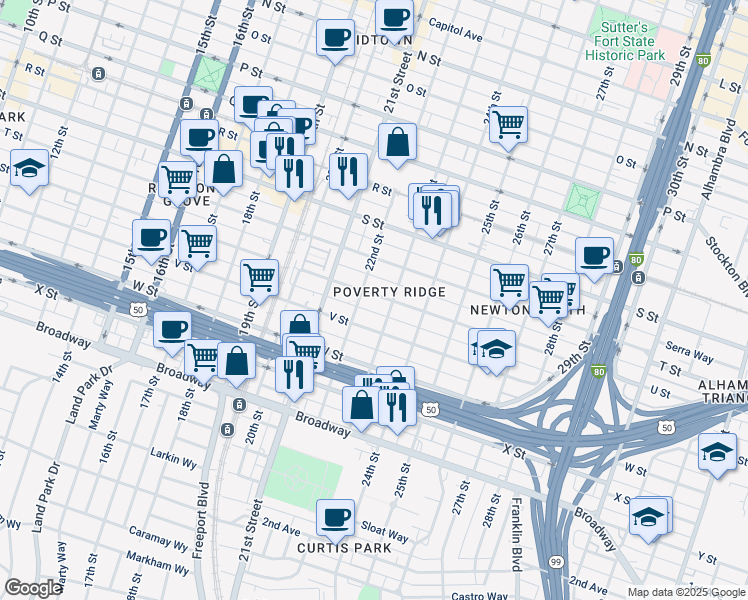 map of restaurants, bars, coffee shops, grocery stores, and more near 2212 U Street in Sacramento