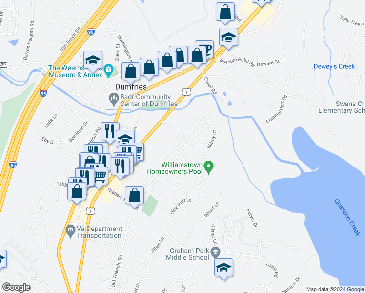 map of restaurants, bars, coffee shops, grocery stores, and more near 1501 Fort Sumter Court in Dumfries