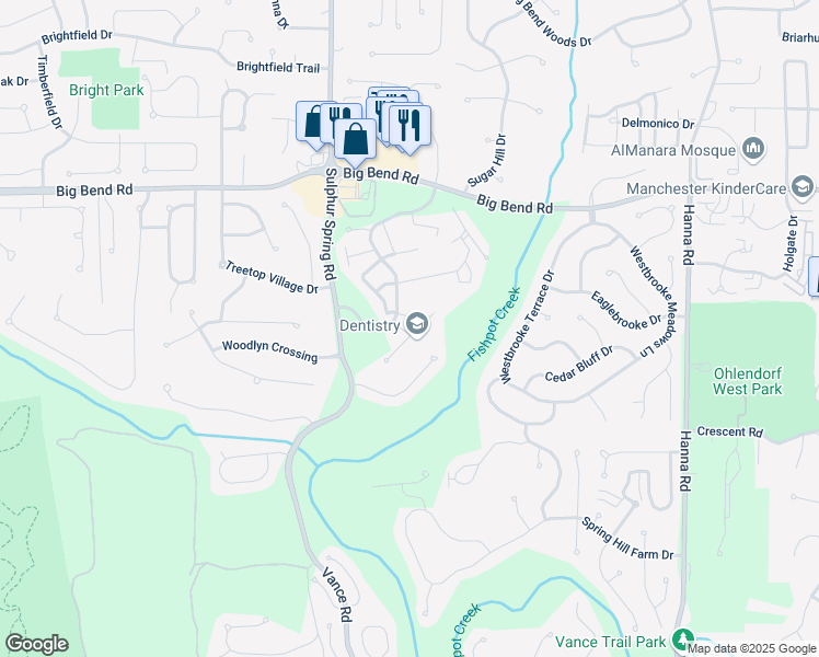 map of restaurants, bars, coffee shops, grocery stores, and more near 708 Ridgeside Drive in Ballwin