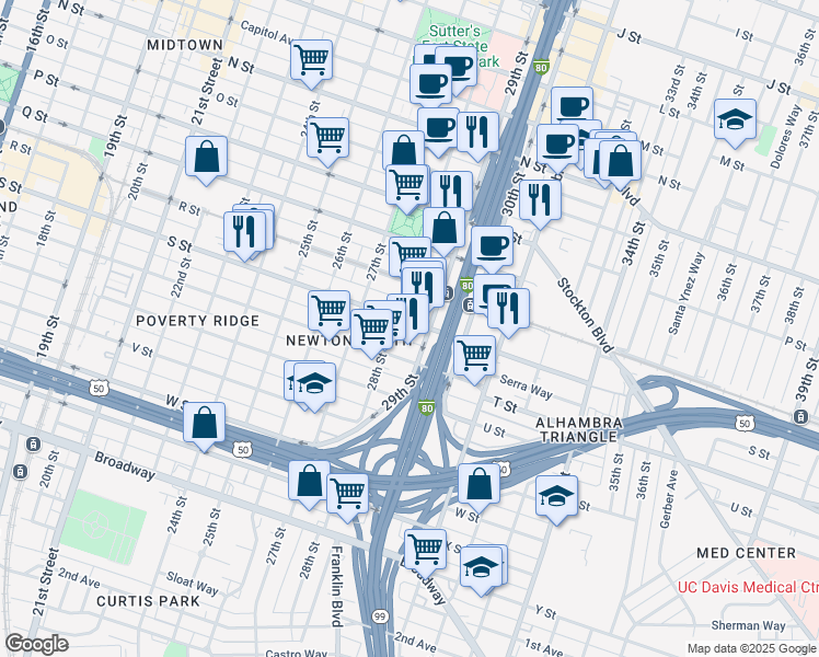 map of restaurants, bars, coffee shops, grocery stores, and more near 2812 S Street in Sacramento