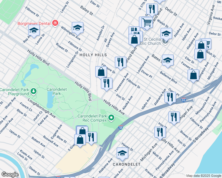 map of restaurants, bars, coffee shops, grocery stores, and more near 6164 South Grand Boulevard in St. Louis