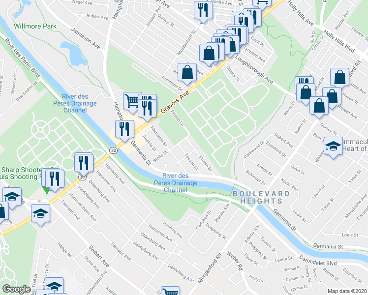 map of restaurants, bars, coffee shops, grocery stores, and more near 4719 Tesson Street in St. Louis
