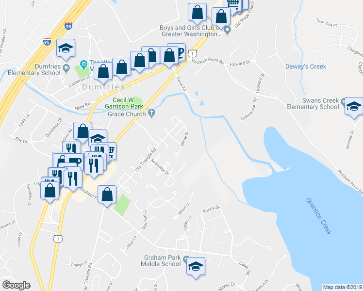 map of restaurants, bars, coffee shops, grocery stores, and more near 3600 Brockenbrough Drive in Dumfries
