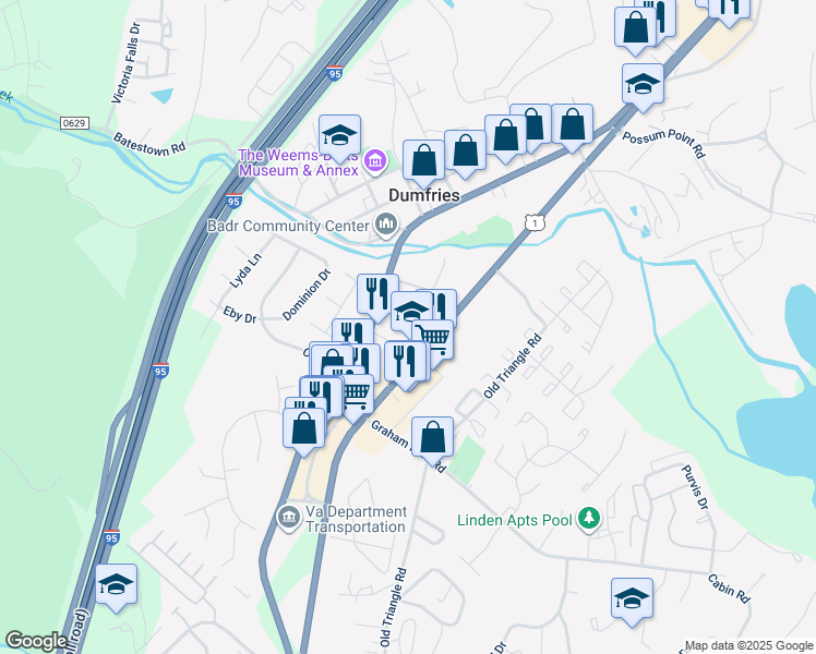 map of restaurants, bars, coffee shops, grocery stores, and more near 17914 Doctor David Cline Lane in Dumfries