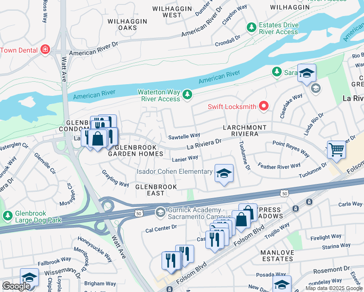 map of restaurants, bars, coffee shops, grocery stores, and more near 8909 La Riviera Drive in Sacramento