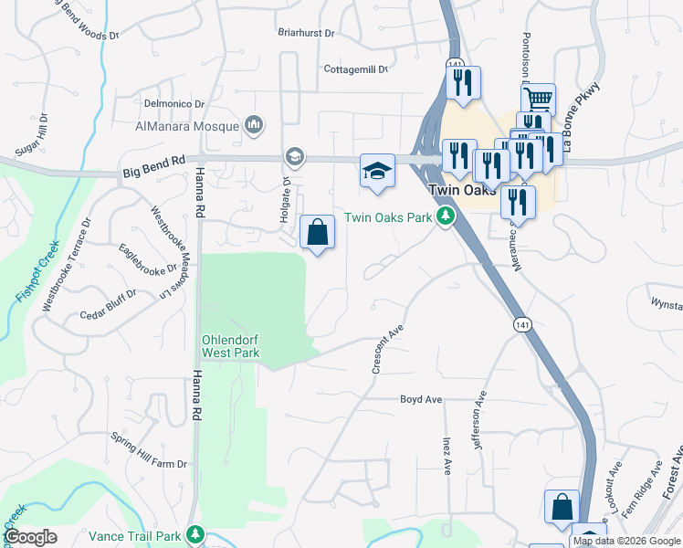 map of restaurants, bars, coffee shops, grocery stores, and more near 1477 Autumn Leaf Drive in Ballwin