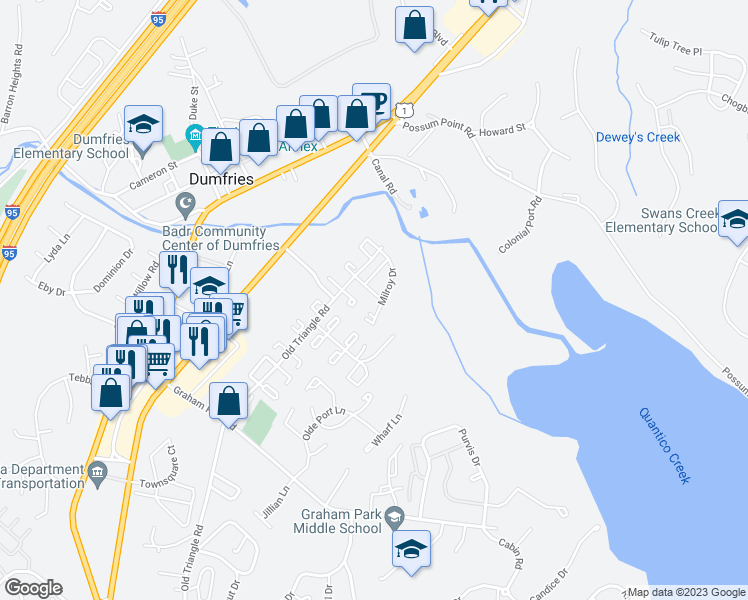 map of restaurants, bars, coffee shops, grocery stores, and more near 3611 Brockenbrough Drive in Dumfries