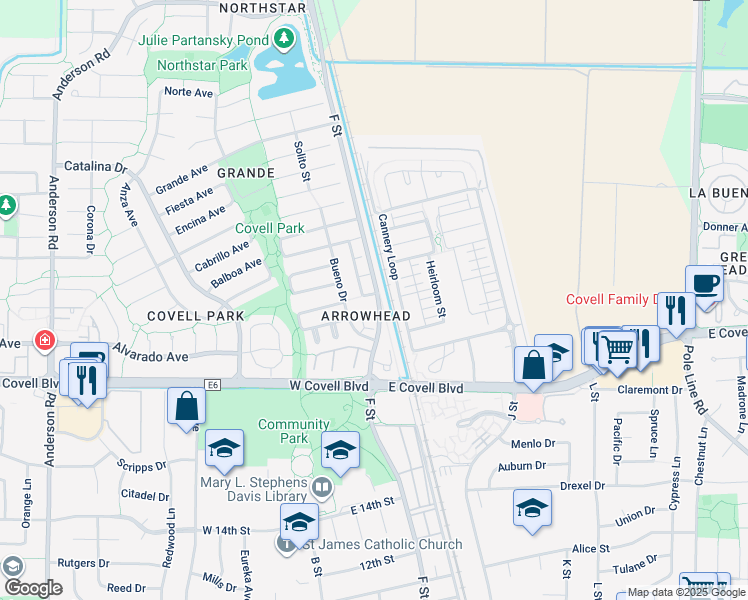 map of restaurants, bars, coffee shops, grocery stores, and more near 2302 Amapola Drive in Davis
