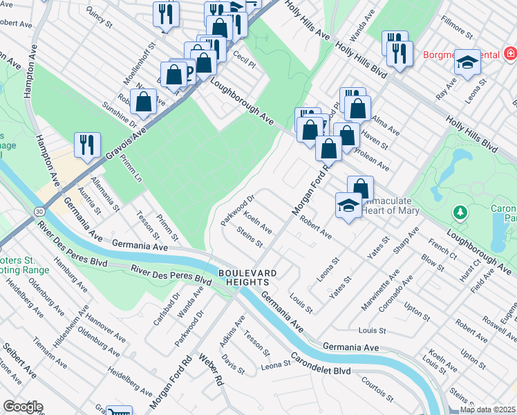 map of restaurants, bars, coffee shops, grocery stores, and more near 4340 Sunshine Drive in St. Louis
