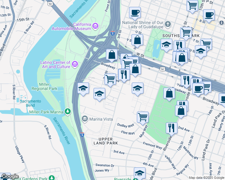 map of restaurants, bars, coffee shops, grocery stores, and more near 2630 5th Street in Sacramento