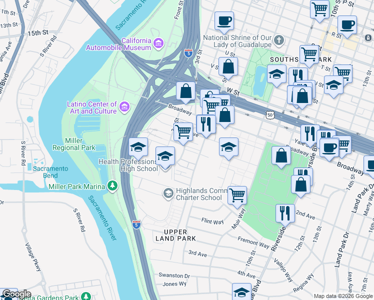 map of restaurants, bars, coffee shops, grocery stores, and more near 438 Crate Avenue in Sacramento