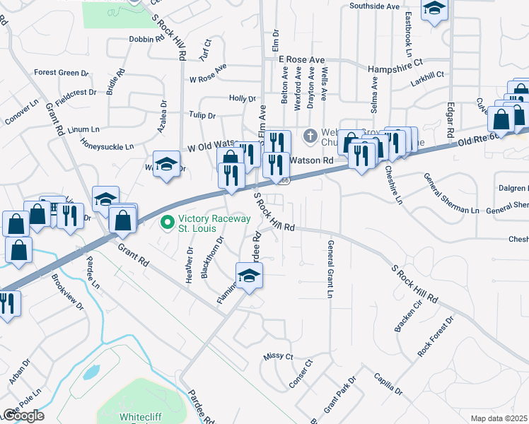map of restaurants, bars, coffee shops, grocery stores, and more near 8700 Garden Rock Drive in St. Louis