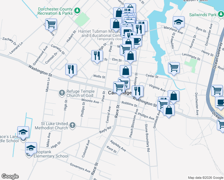 map of restaurants, bars, coffee shops, grocery stores, and more near Washington Street in Cambridge