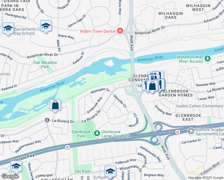 map of restaurants, bars, coffee shops, grocery stores, and more near 165 Waterglen Circle in Sacramento