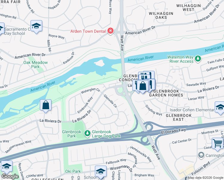 map of restaurants, bars, coffee shops, grocery stores, and more near 8616 La Riviera Drive in Sacramento