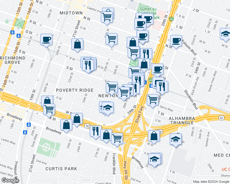 map of restaurants, bars, coffee shops, grocery stores, and more near 2615 T Street in Sacramento
