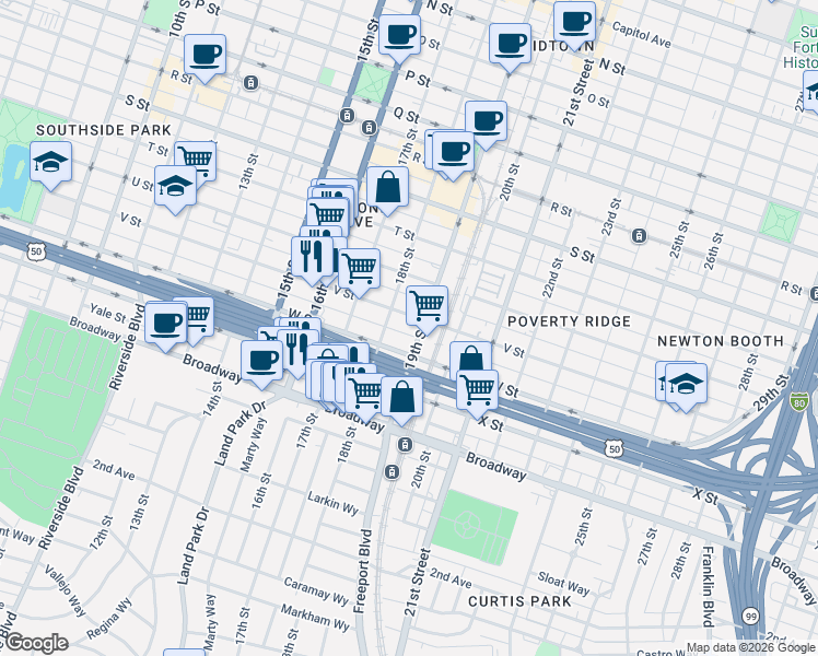 map of restaurants, bars, coffee shops, grocery stores, and more near 2217 18th Street in Sacramento