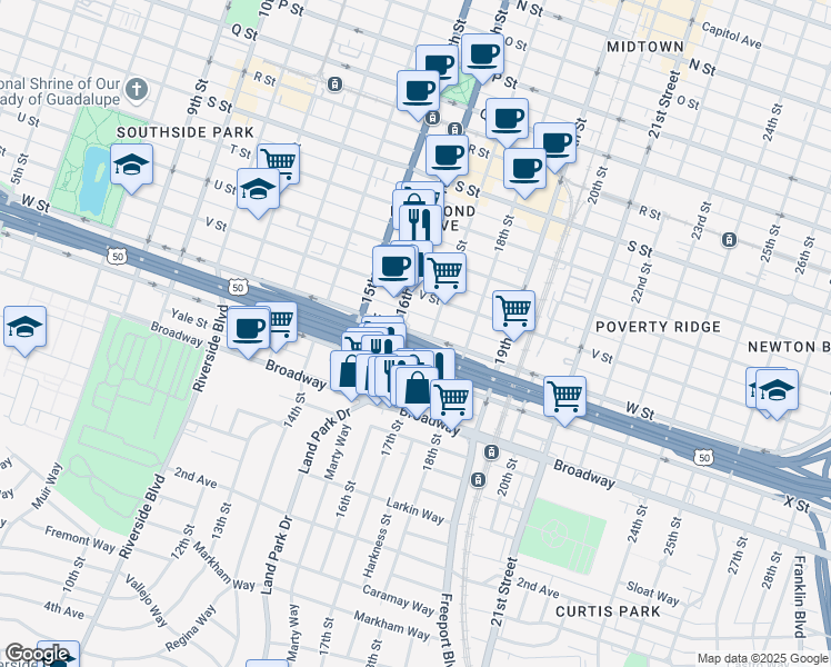 map of restaurants, bars, coffee shops, grocery stores, and more near 2225 16th Street in Sacramento
