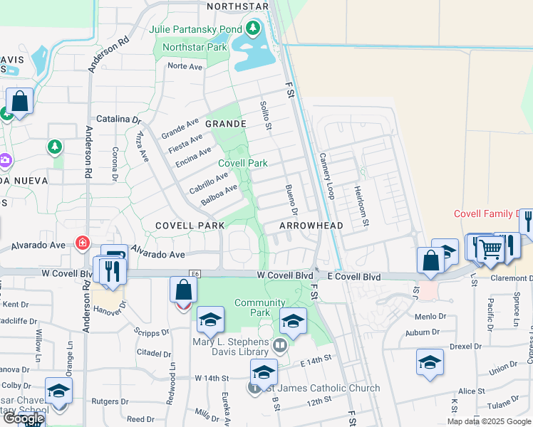 map of restaurants, bars, coffee shops, grocery stores, and more near 265 Baja Avenue in Davis