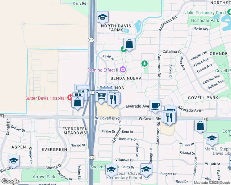 map of restaurants, bars, coffee shops, grocery stores, and more near 1213 Alvarado Avenue in Davis