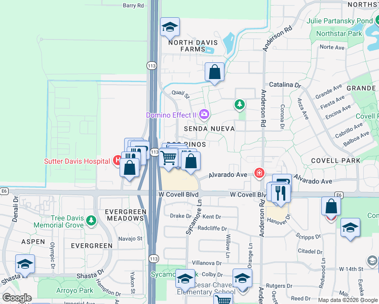 map of restaurants, bars, coffee shops, grocery stores, and more near 1213 Alvarado Avenue in Davis