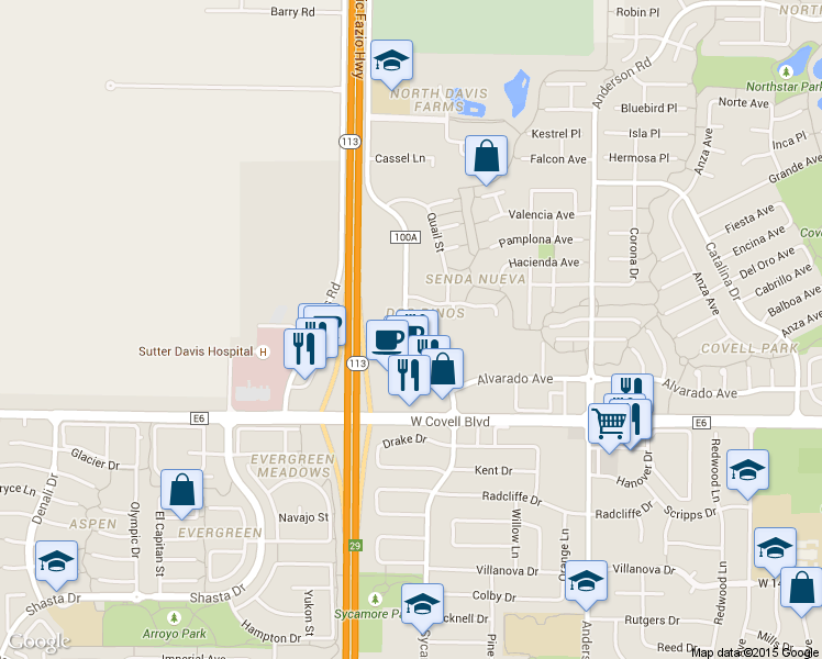 map of restaurants, bars, coffee shops, grocery stores, and more near 2300 Sycamore Lane in Davis