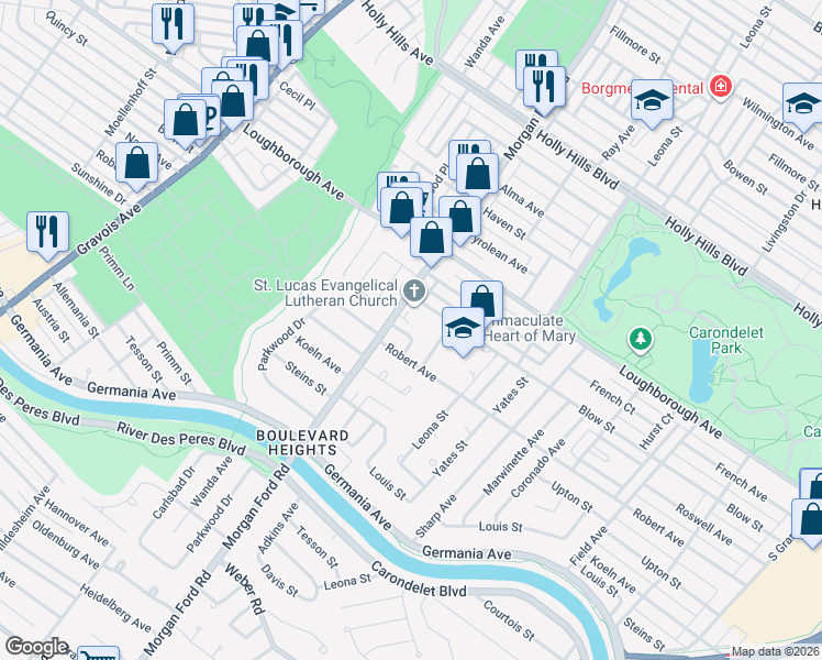 map of restaurants, bars, coffee shops, grocery stores, and more near 4134 Kay Court in St. Louis