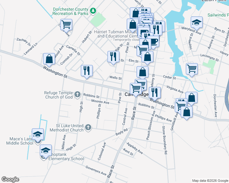map of restaurants, bars, coffee shops, grocery stores, and more near 802 Center Street in Cambridge