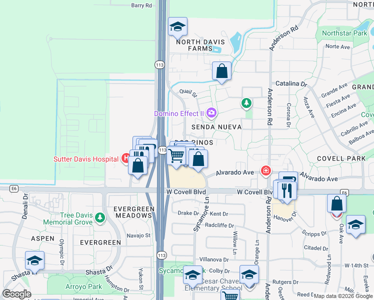 map of restaurants, bars, coffee shops, grocery stores, and more near 2300 Sycamore Lane in Davis