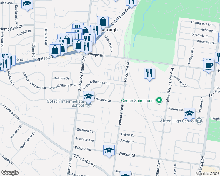 map of restaurants, bars, coffee shops, grocery stores, and more near 8217 Marvale Lane in Affton