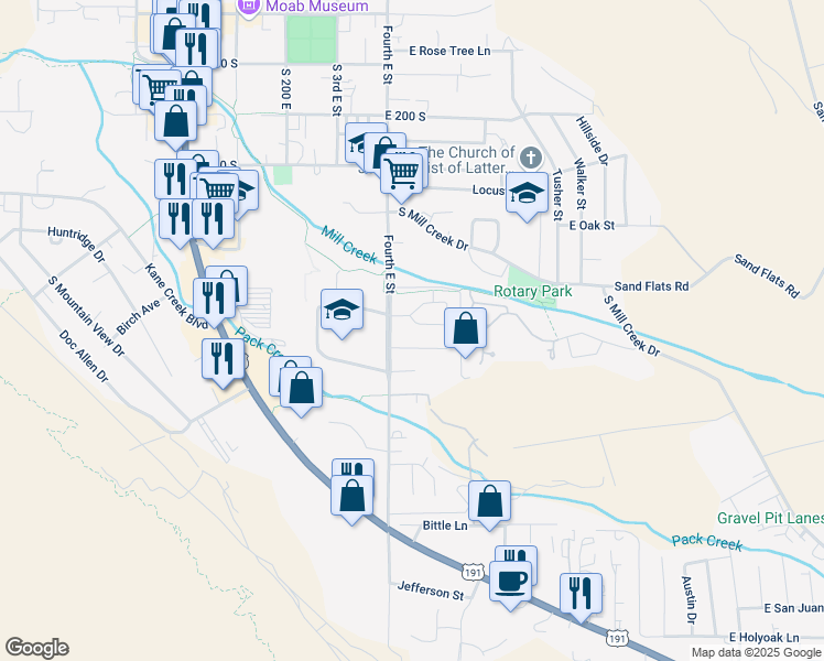 map of restaurants, bars, coffee shops, grocery stores, and more near 451 Kachina Way in Moab