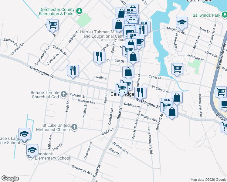 map of restaurants, bars, coffee shops, grocery stores, and more near Washington Street in Cambridge