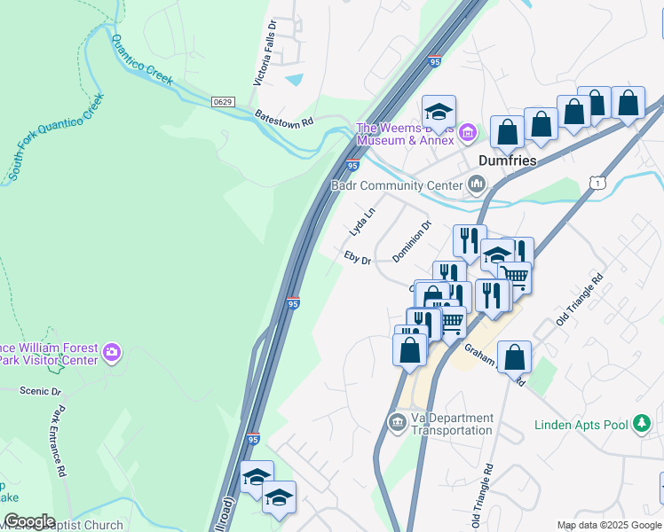 map of restaurants, bars, coffee shops, grocery stores, and more near 16999 Alicia Avenue in Prince William County