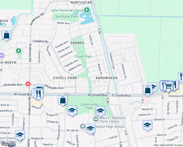 map of restaurants, bars, coffee shops, grocery stores, and more near 265 Baja Avenue in Davis