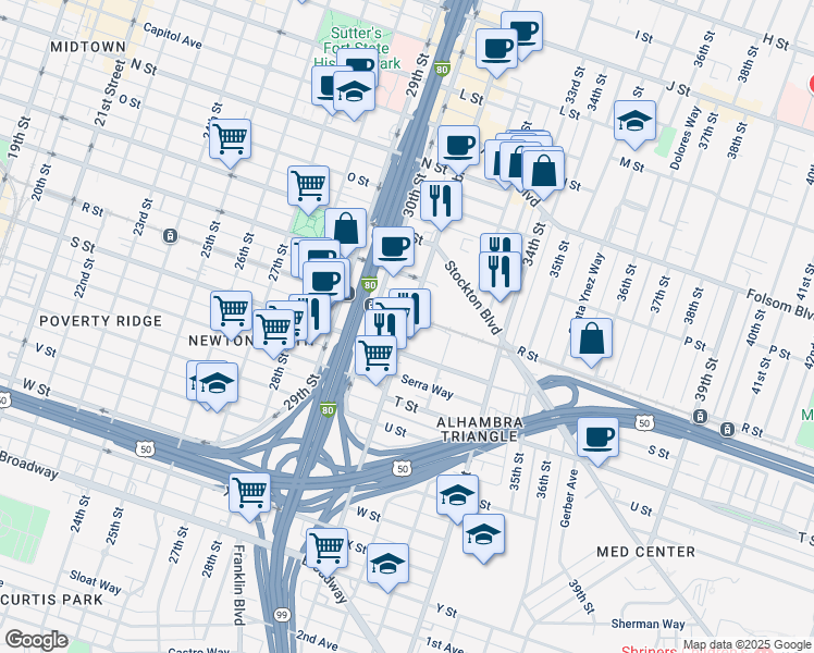 map of restaurants, bars, coffee shops, grocery stores, and more near 1820 Alhambra Boulevard in Sacramento