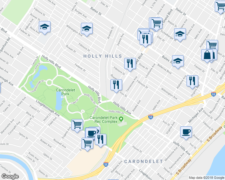 map of restaurants, bars, coffee shops, grocery stores, and more near 3610 Iron Street in St. Louis