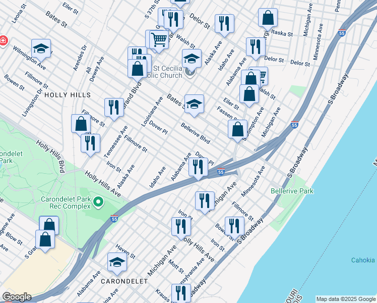 map of restaurants, bars, coffee shops, grocery stores, and more near 704 Dover Place in St. Louis