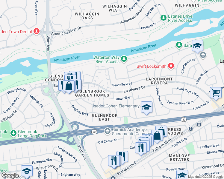 map of restaurants, bars, coffee shops, grocery stores, and more near 8889 La Riviera Drive in Sacramento