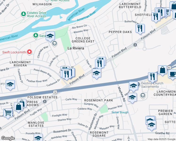 map of restaurants, bars, coffee shops, grocery stores, and more near 9272 Corinthian Circle in Sacramento