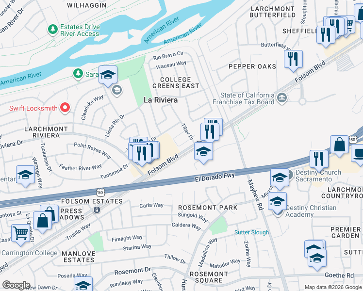map of restaurants, bars, coffee shops, grocery stores, and more near 9272 Corinthian Circle in Sacramento