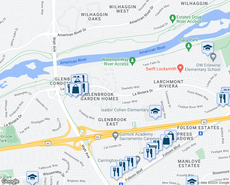 map of restaurants, bars, coffee shops, grocery stores, and more near 8889 La Riviera Drive in Sacramento