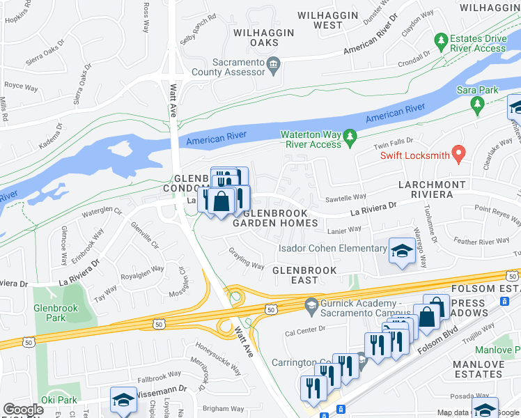 map of restaurants, bars, coffee shops, grocery stores, and more near 8820 La Riviera Drive in Sacramento