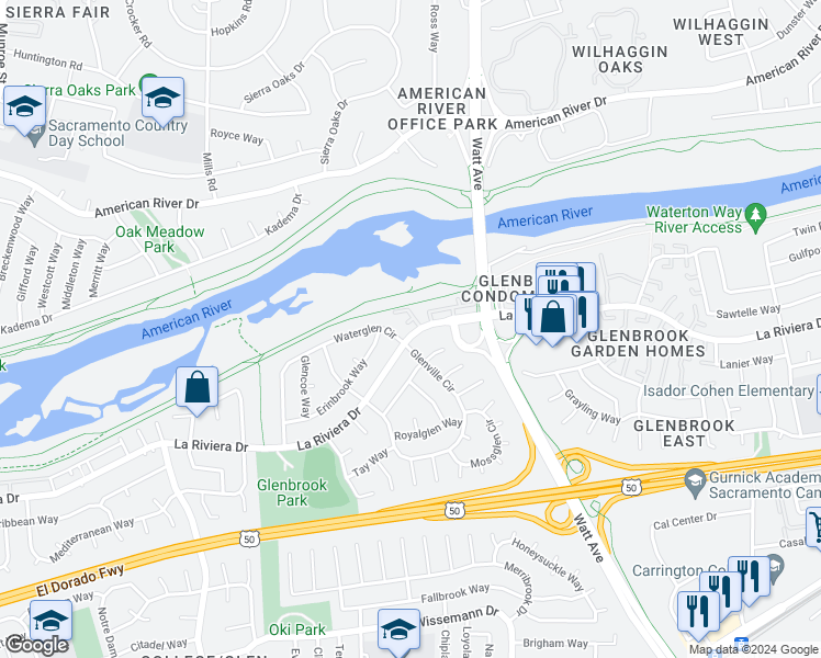 map of restaurants, bars, coffee shops, grocery stores, and more near 165 Waterglen Circle in Sacramento