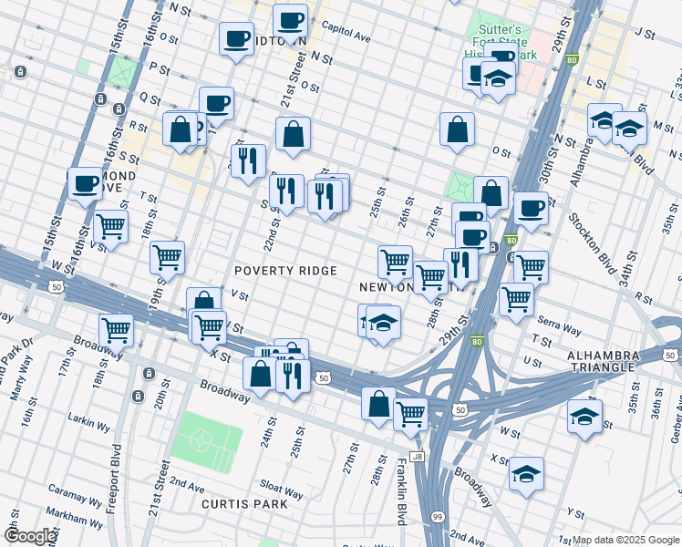 map of restaurants, bars, coffee shops, grocery stores, and more near 2408 Tomato Alley in Sacramento